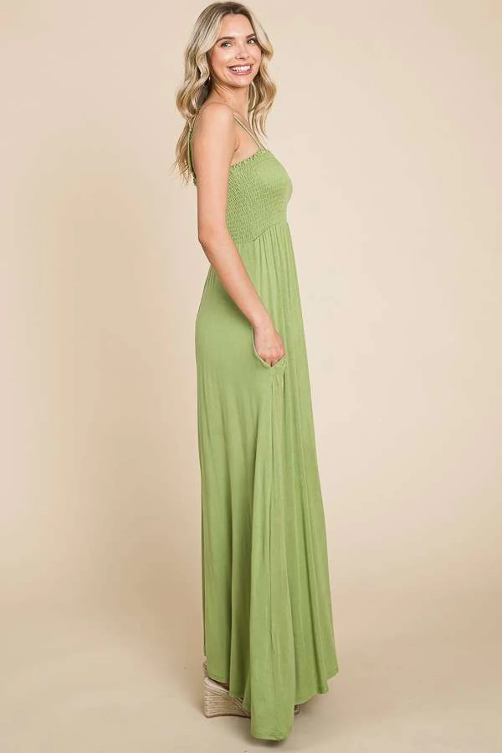 Full Size Smocked Cami Maxi Dress with Pockets