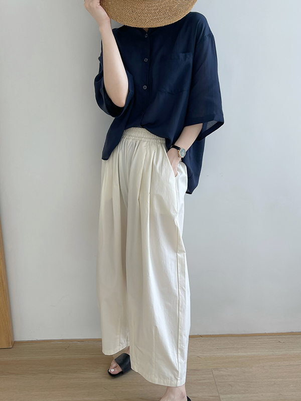 Elasticity Pleated Solid Color Split-Joint High Waisted Loose Trousers Pants