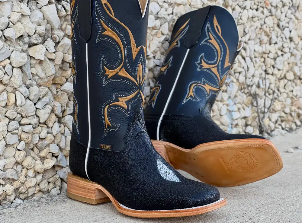Men’s Black Stingray Leather Boots With Black Shaft/ Gold Embroidery Shaft