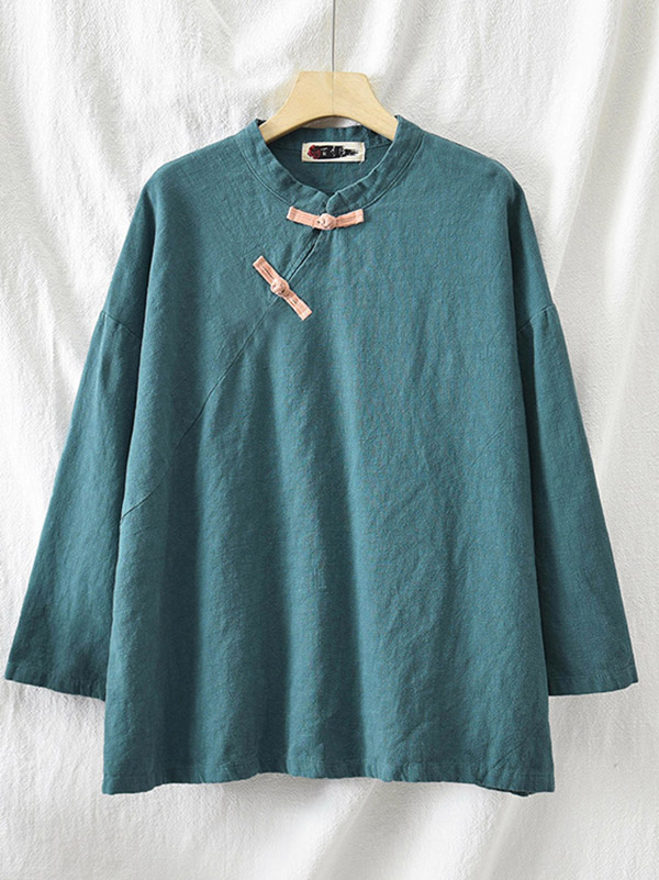 Vintage Linen Frog Loose Long Sleeve Shirt Tops