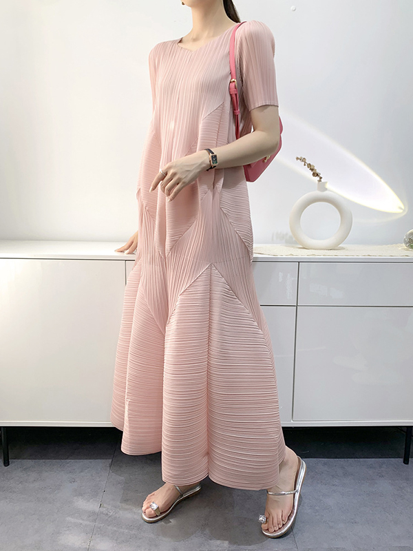 Pleated Solid Color Split-Joint Loose Short Sleeves V-Neck Midi Dresses
