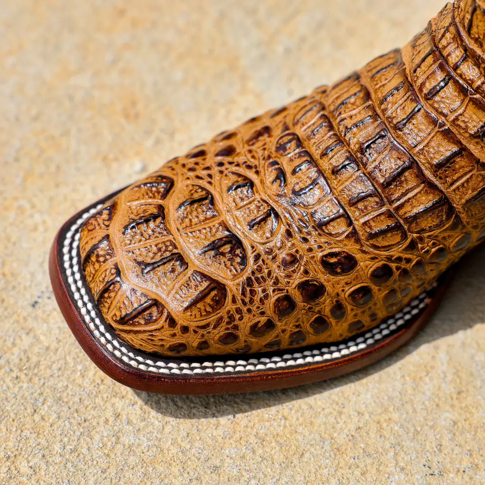 Honey Caiman Neck Leather Boots - Square Toe