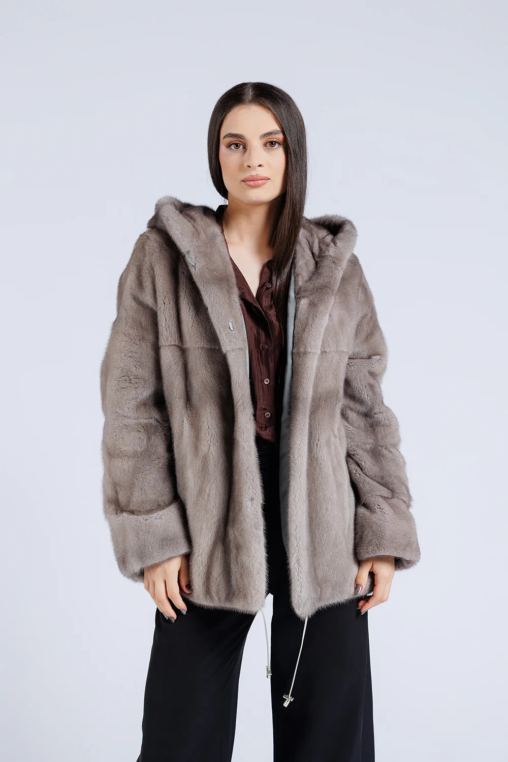 Haină din Blană Naturală de Vizon, cu Glugă, Femei, Silver Blue 206