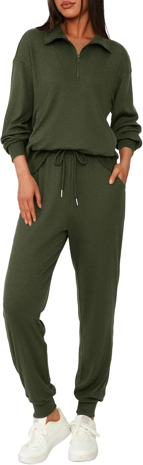 Women's Long Sleeve Half Zip Sweatshirt Sweatpants Lounge Set Sweatsuits with Pockets