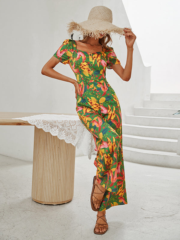Fashion Square Neck Floral Jumpsuit