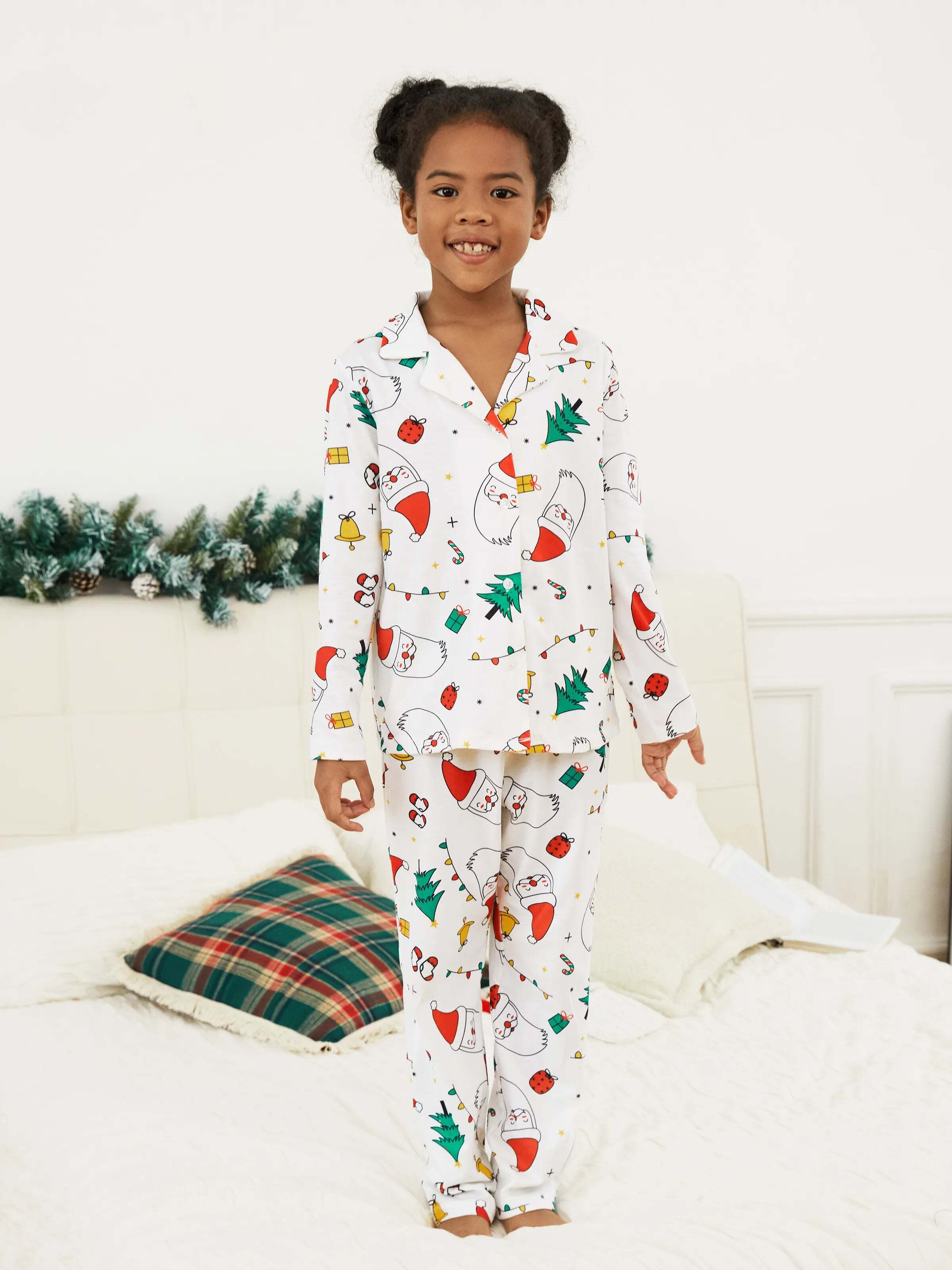 Christmas Family Matching Colorful Festival Theme Print Long Sleeve Pajamas Sets with Christmas Socks White