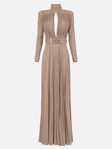 Long Sleeves Pleated Solid Color Split-Side V-Back High-Neck Evening Dresses Maxi Dresses