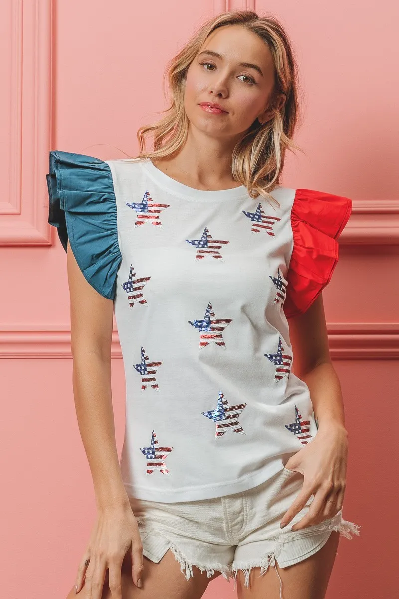 American Flag Sequin Stars Top