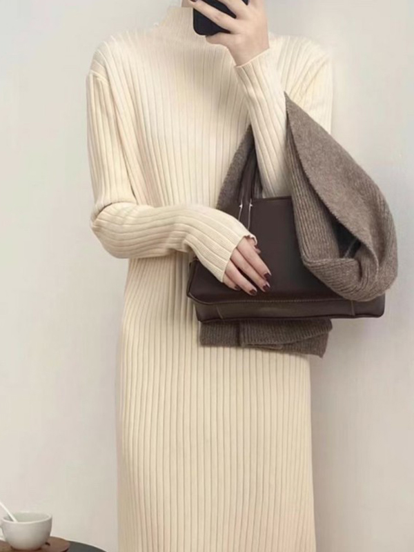 Fringed Solid Color Long Sleeves Loose Mock Neck Sweater Dresses Midi Dresses