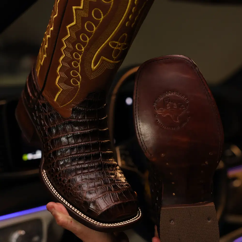 Chocolate Brown American Gator Belly Leather Boots - Square Toe