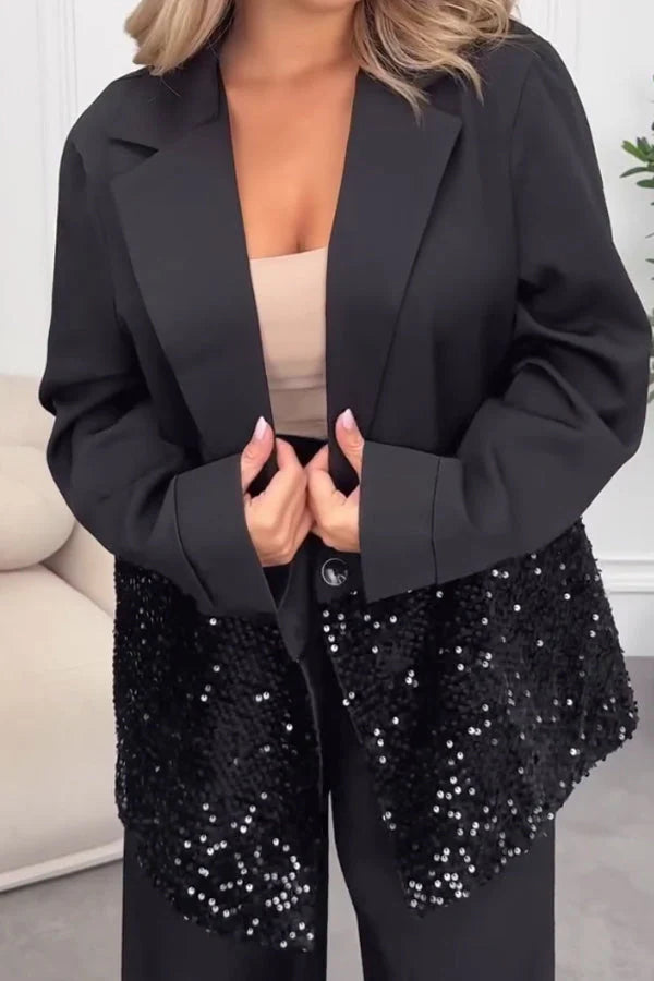 Women Elegant Sequined Suit + Wide-Leg Pants Suit