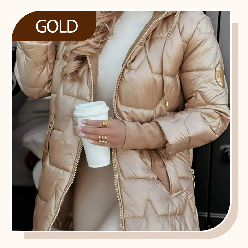 Women's winter warm hooded coat in medium length