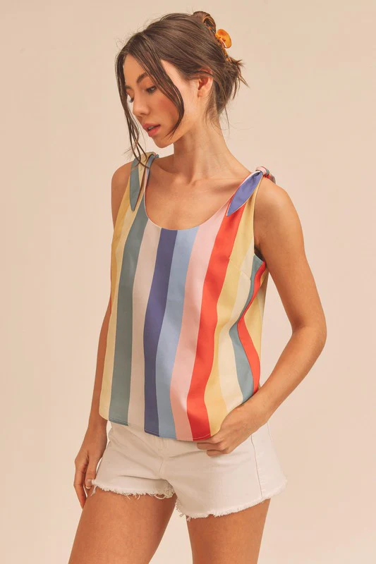Contrast Striped Scoop Neck Tie Shoulder Tank