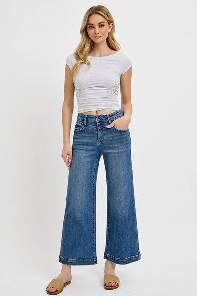 Full Size High Rise Crop Wide Leg Front Yoke Detail Jeans