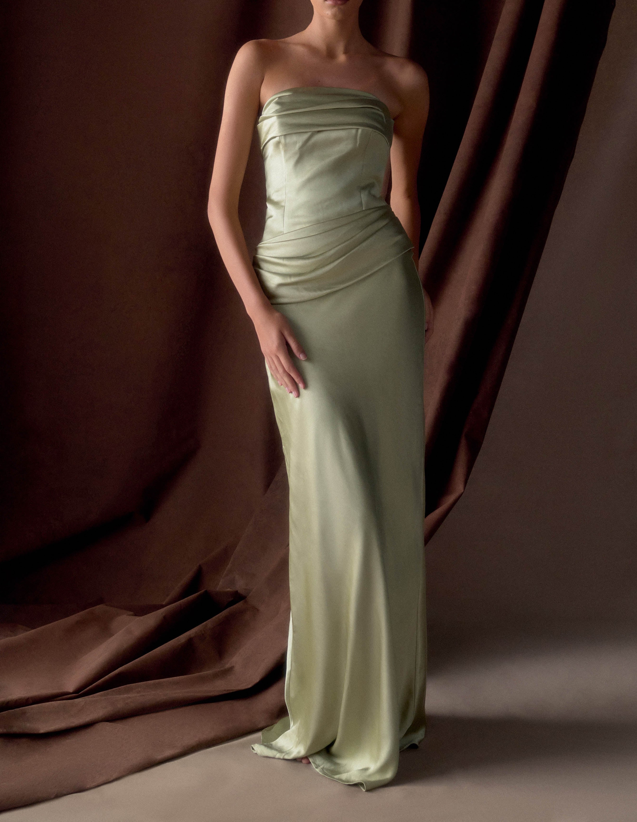Sage Strapless Satin Maxi Dress