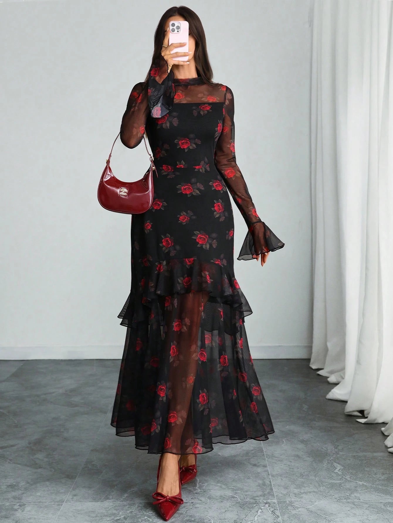 Women's Gothic Elegant Sexy Mesh Splicing Colorful Print Retro Petal Sleeves Ruffle Mermaid Hem Double Layer Dress