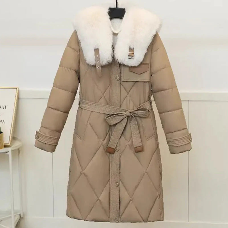 Women's Long Quilted Coat with Fur Collar