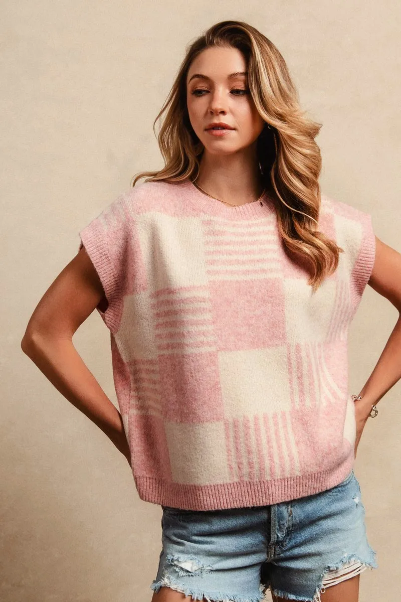 Checker With Stripes Pattern Sleeveless Sweater