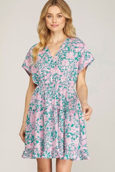 Sky Full Size Ruffled Hem Printed Surplice Kimono Sleeve Mini Dress Plus Size
