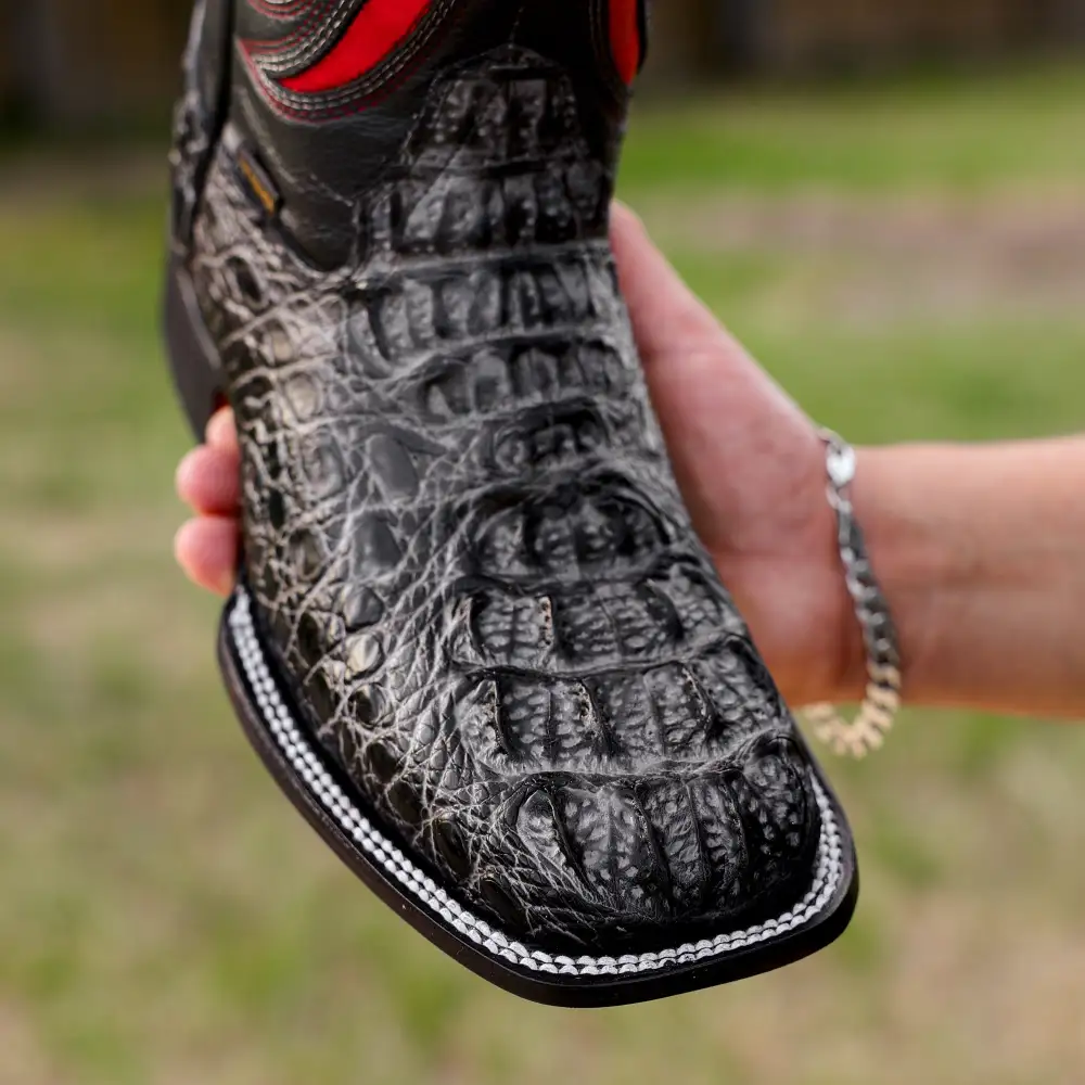 Midnight Grey Caiman Neck Leather Boots - Square Toe