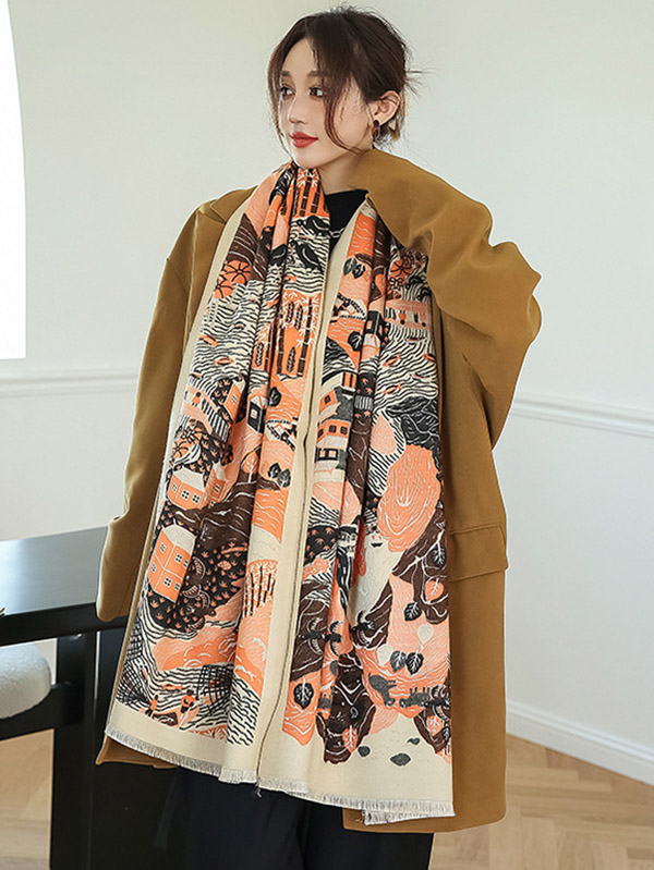 Vintage Printed Tasseled Shawl&Scarf