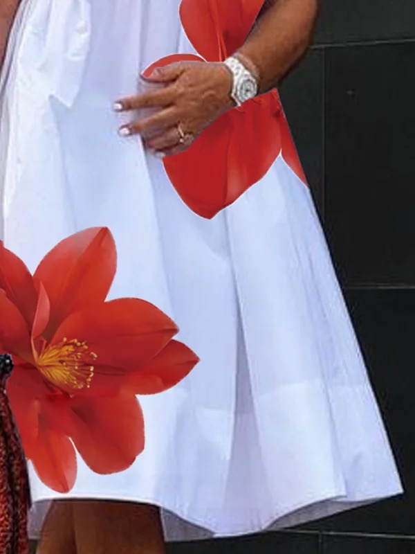 Flower Print Pleated A-Line Loose V-Neck Midi Dresses