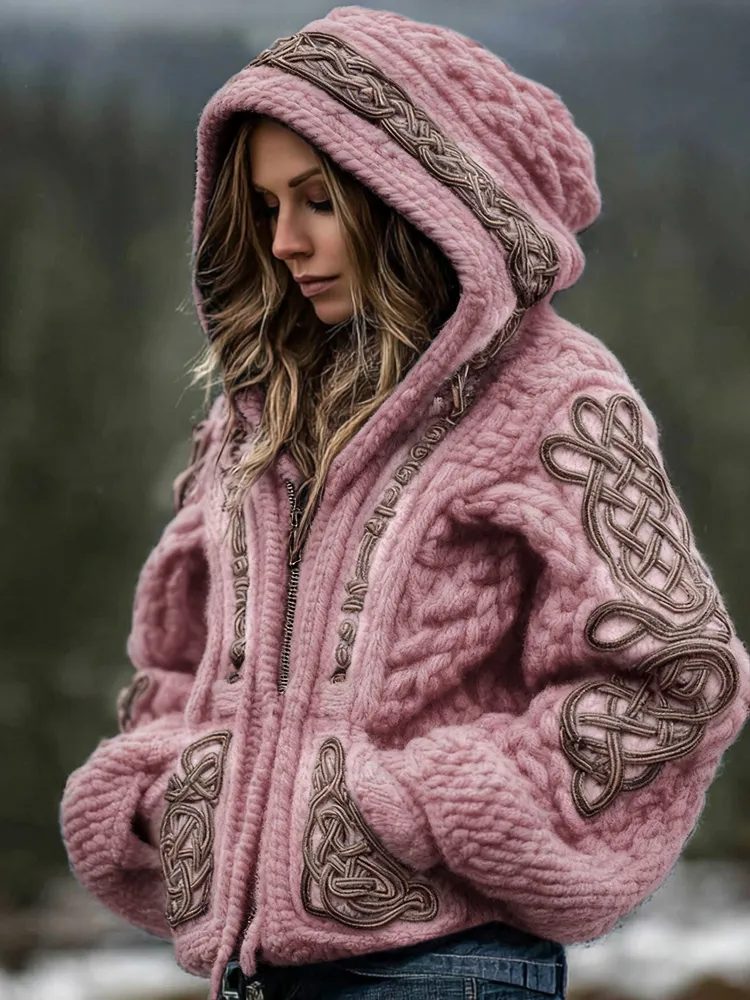 Women's Viking Celtic Knot Cozy Warm Knit Full Zip Hooded Sweater