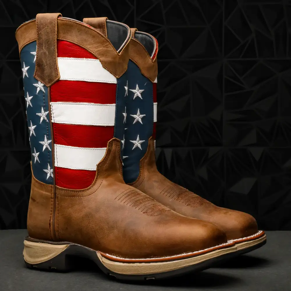 Tan Whiskey USA Flag Leather Work Boots - Composite Toe