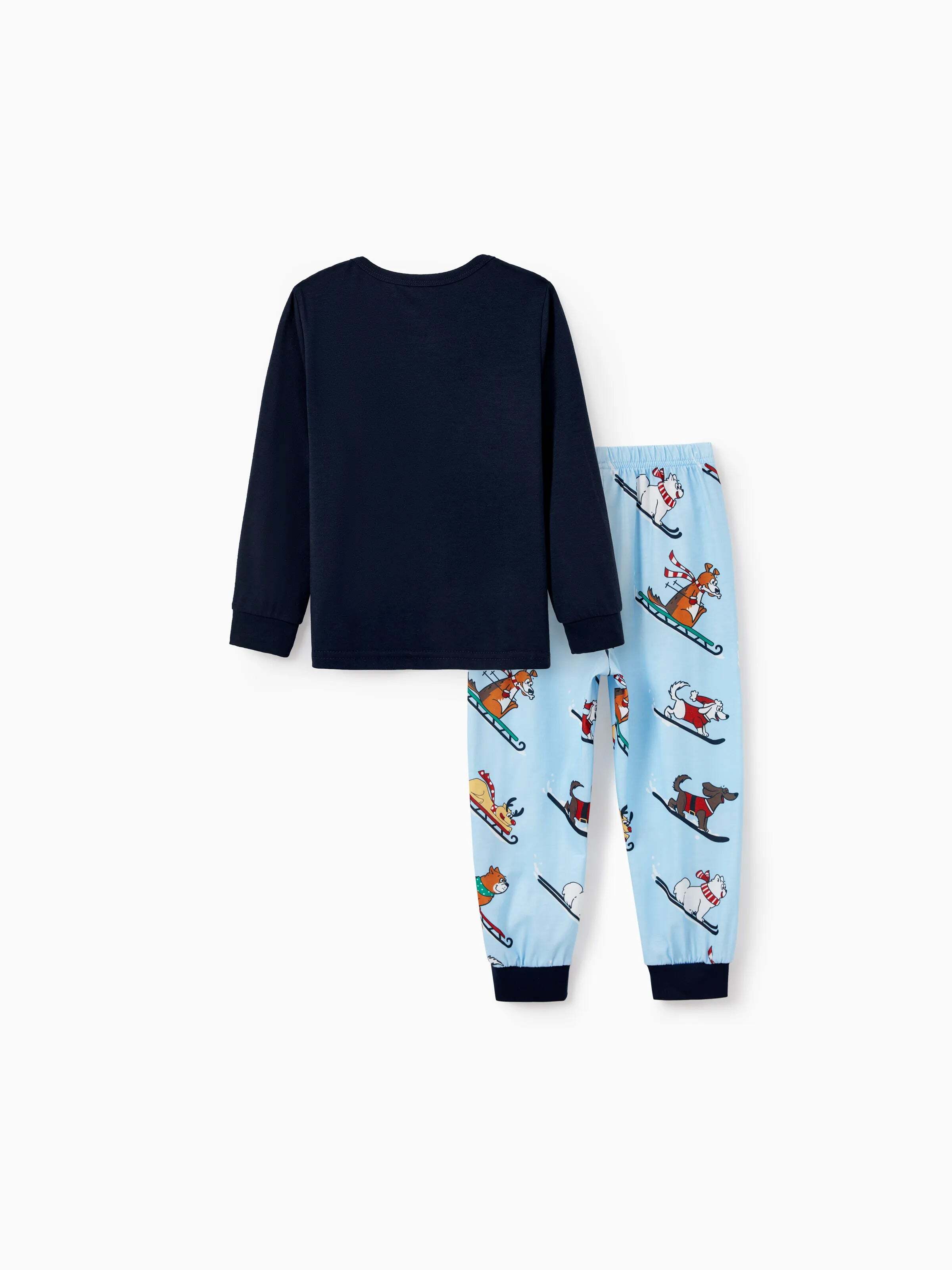 Christmas Matching Family Pajamas Set Sled Dogs Print PJS with Christmas Socks Blue
