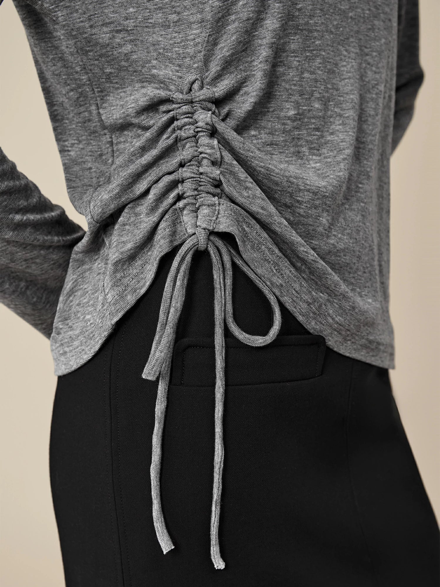 Lyocell & Wool Round Neck Long Sleeve Drawstring T-Shirt