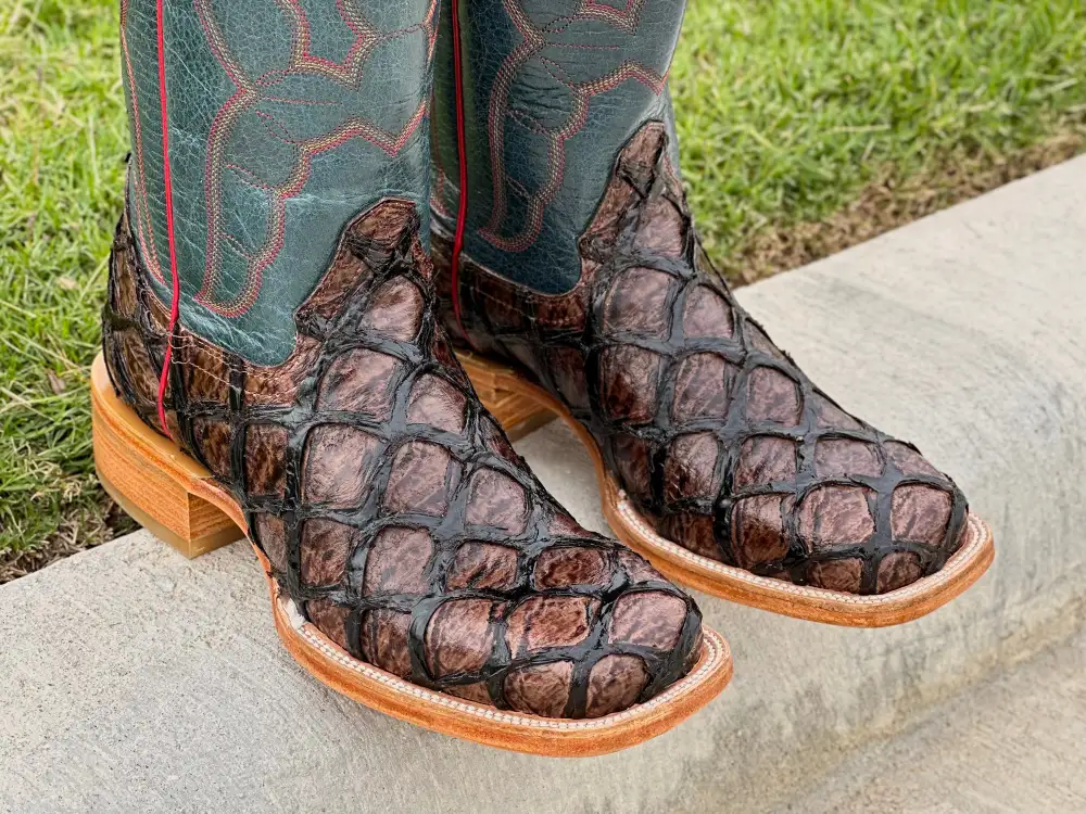 Men’s Brown Pirarucu Leather Boots With Blue  Shaft