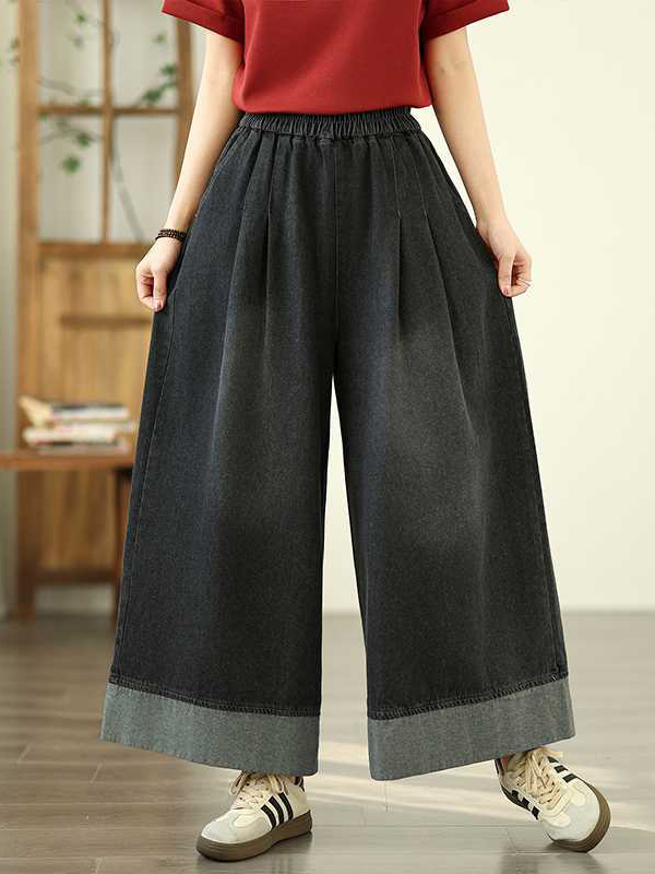 Elasticity Pleated Pockets Loose Wide Leg Trousers Jean Pants Bottoms