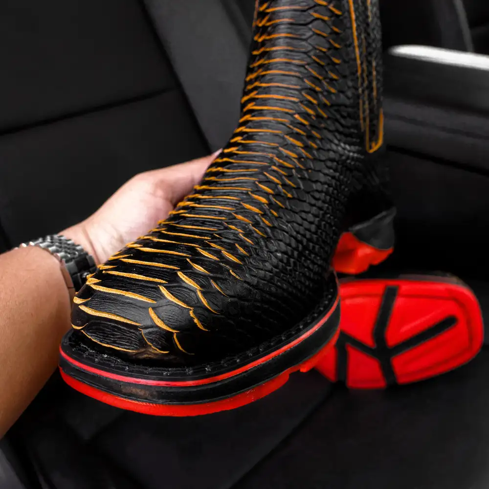 Black & Yellow Python Leather Botin With 3D Lightweight Soles - Square Toe