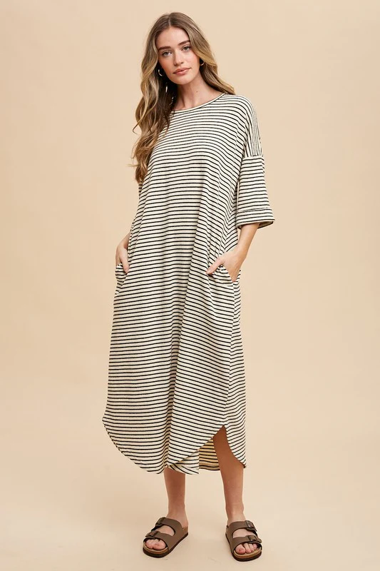 Wear Striped Round Neck Terry Midi Dress