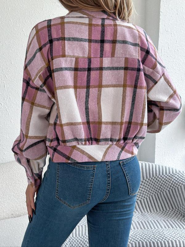Women's Plaid Button Front Drop Shoulder Jacket
