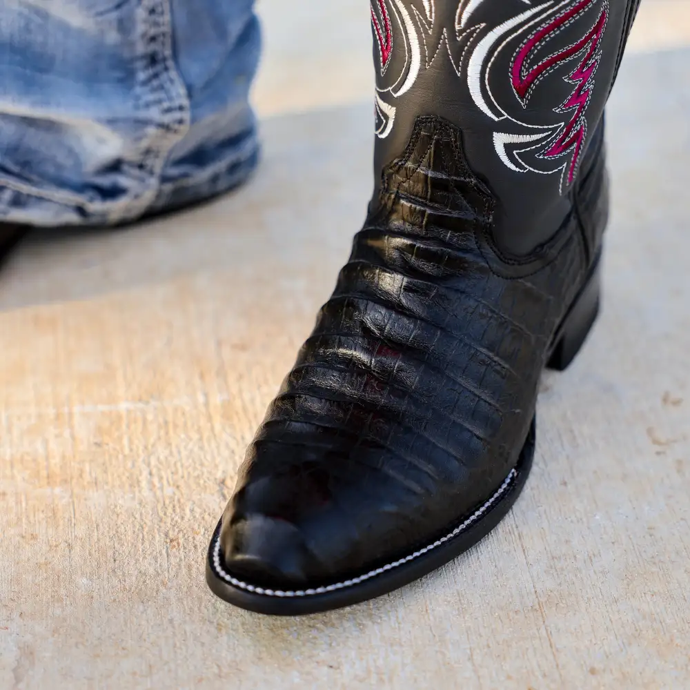 Black Caiman Belly Leather Boots - Round Toe