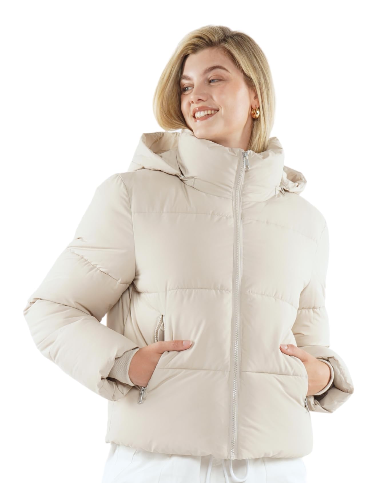 WarmCore Premium Short Puffer Jackets with Removable Hood & Optional Faux Fur Linging, Lady Casual Outerwear Longsleeves Zip Pockets Warm Quilted Coat