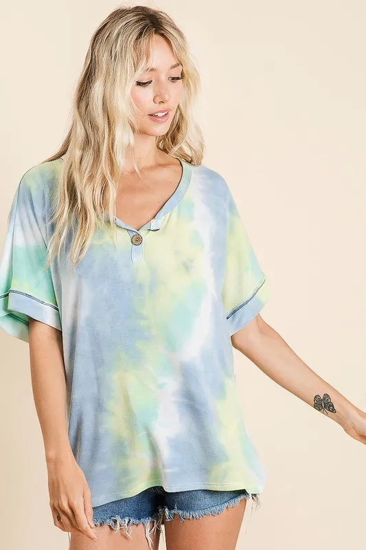 Tie Dye French Terry Top With Buttoned Placket