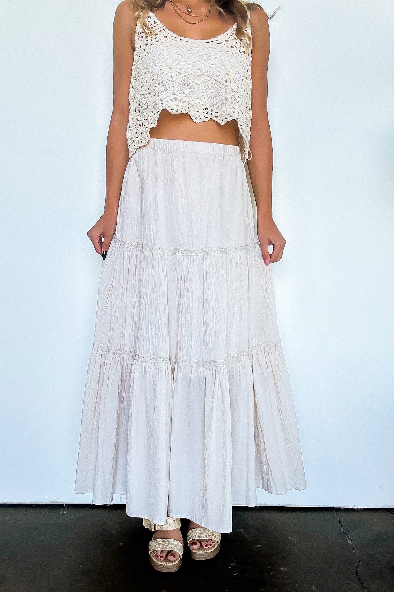 Crochet Detail Tiered Maxi Skirt