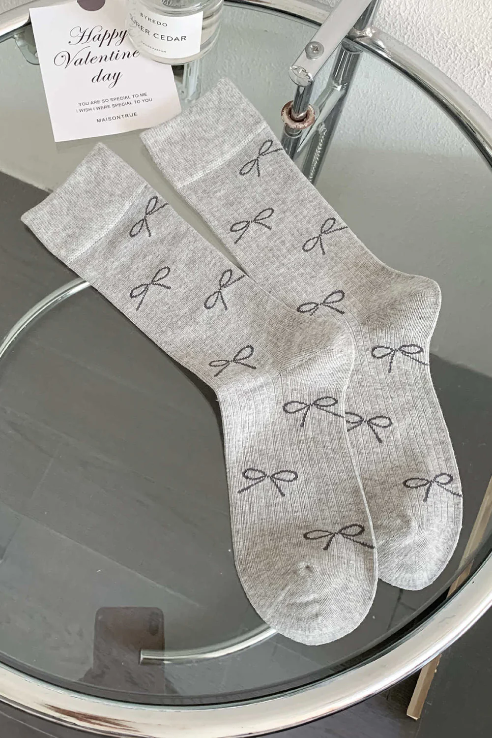 White Bow Knot Print Ribbed Crew Socks