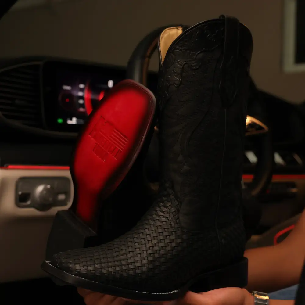 Black Basketweave Leather Boots — Square Toe