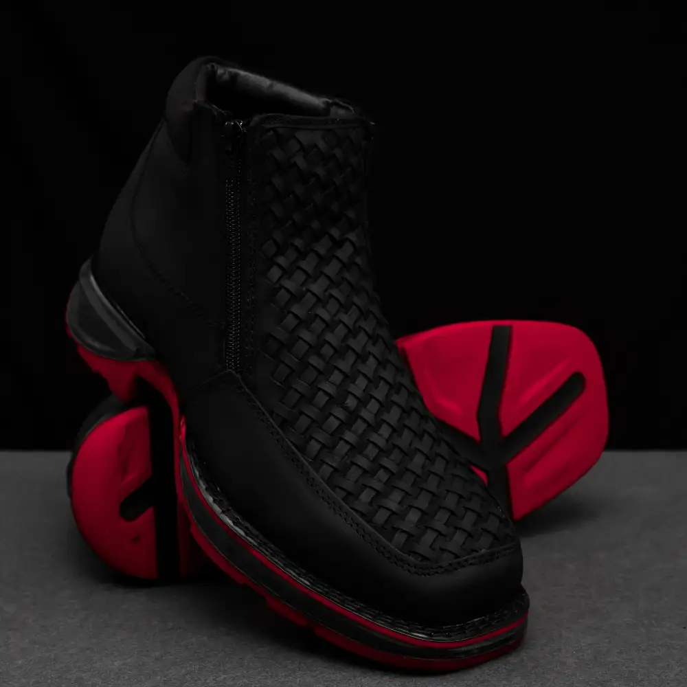 Black Basketweave Leather Botin With 3D Lightweight Soles - Square Toe