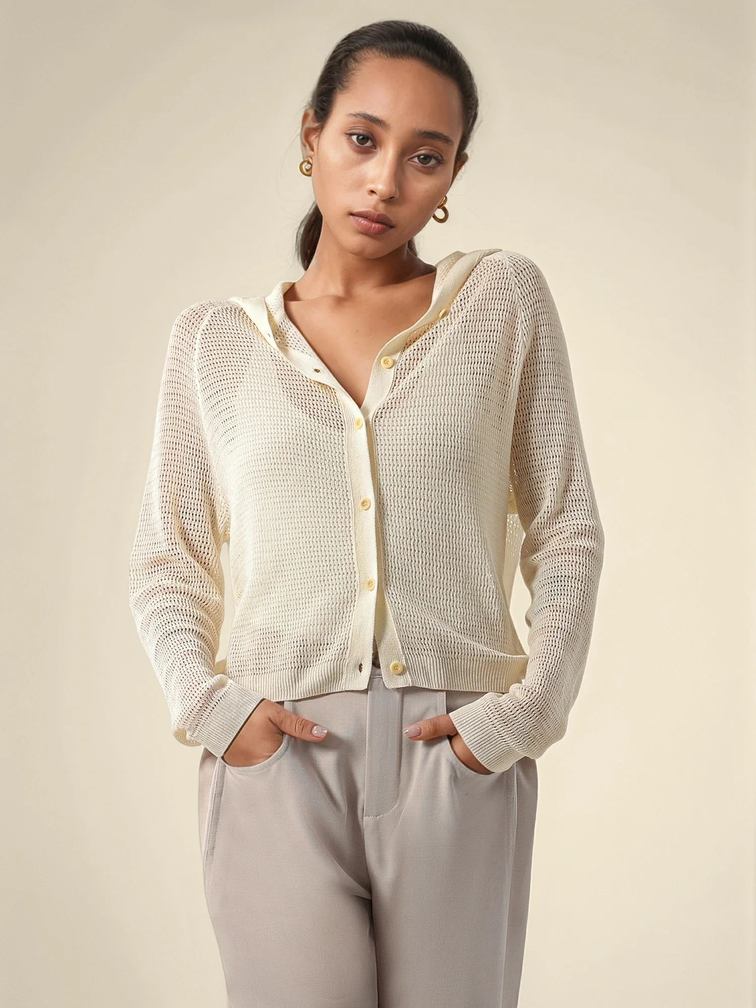 Linen & Lyocell Hooded Long Sleeve Hollow Cardigan