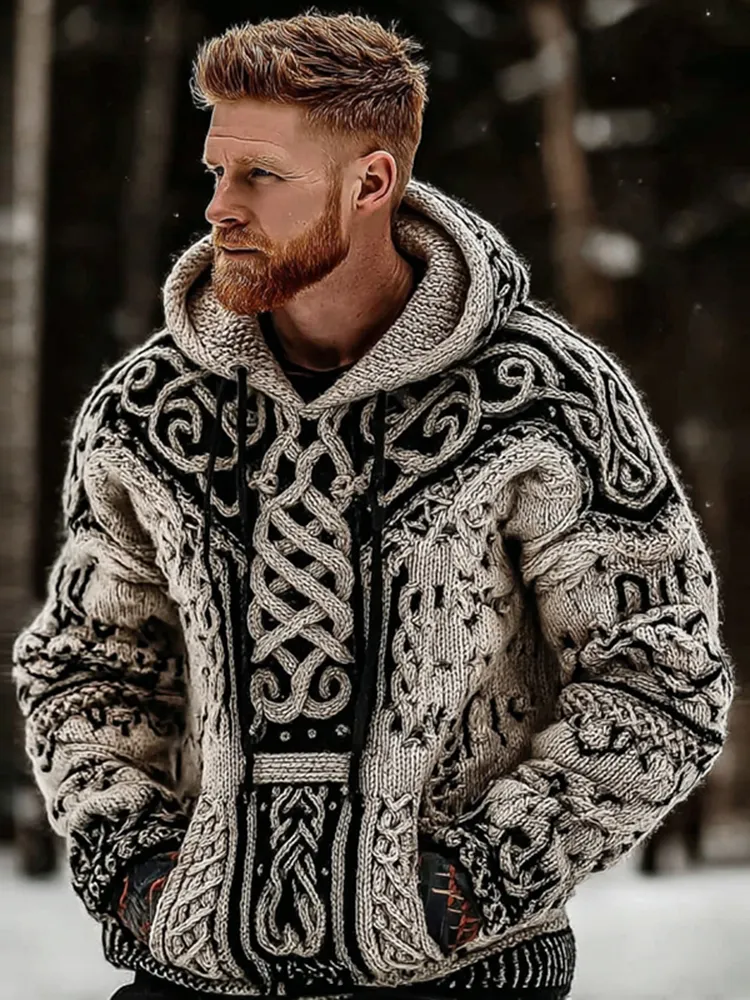 Men's Viking Celtic Knot Color Block Cozy Casual Hooded Sweater