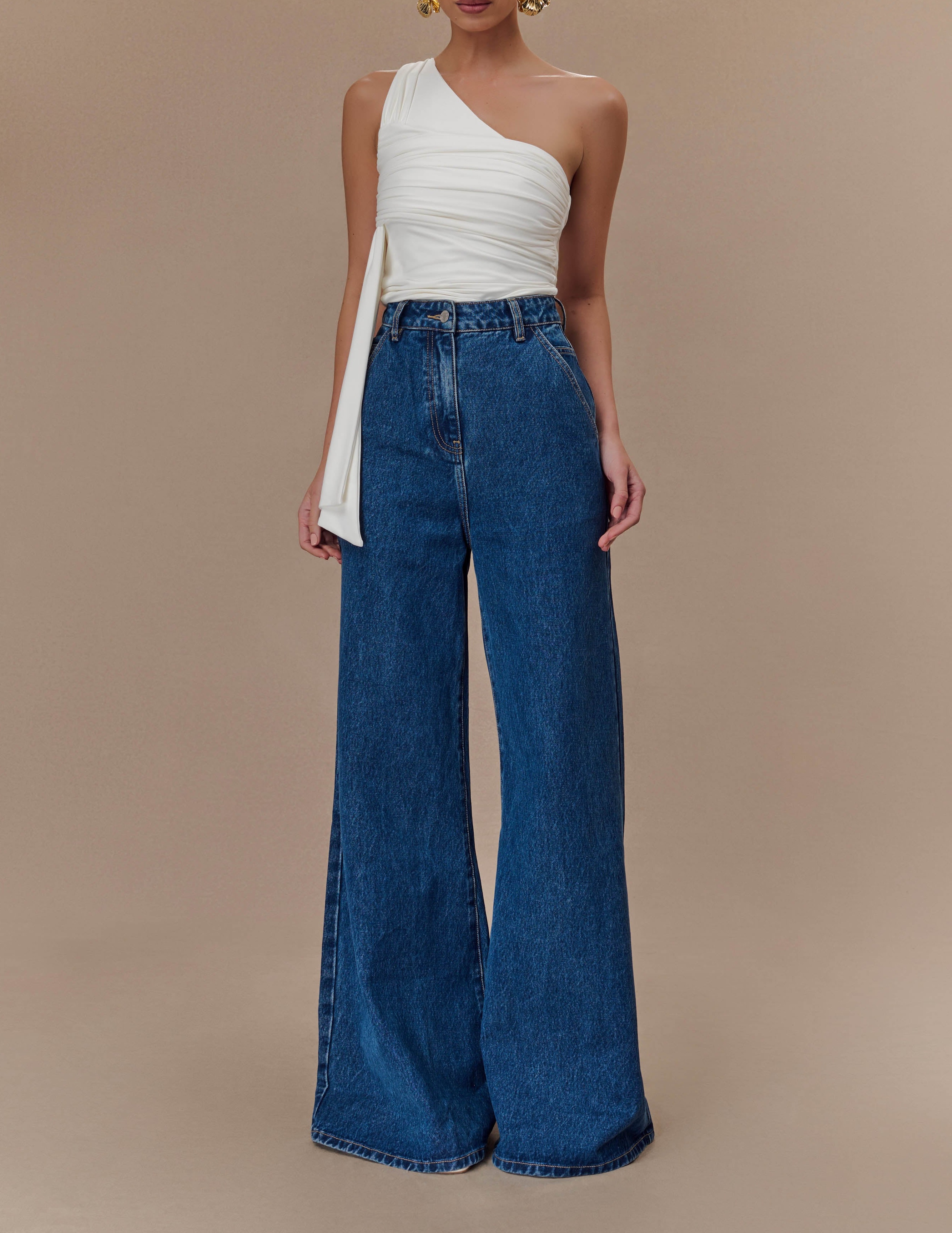 Ivory One Shoulder Recycled Nylon Top With Drape