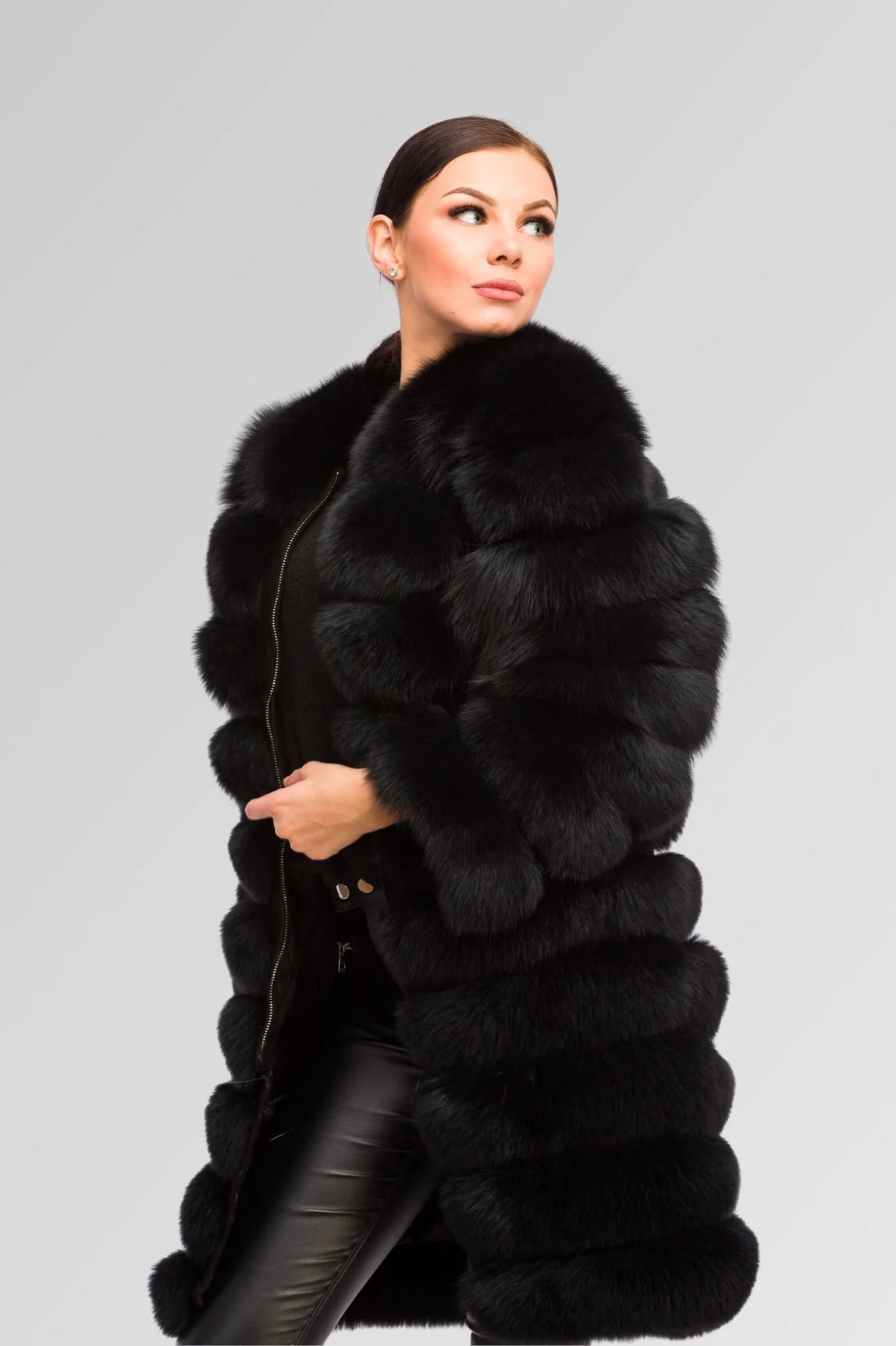 Haină din Blană Naturală de Vulpe,  Transformabilă 6 în 1, Femei, Obsidian 250