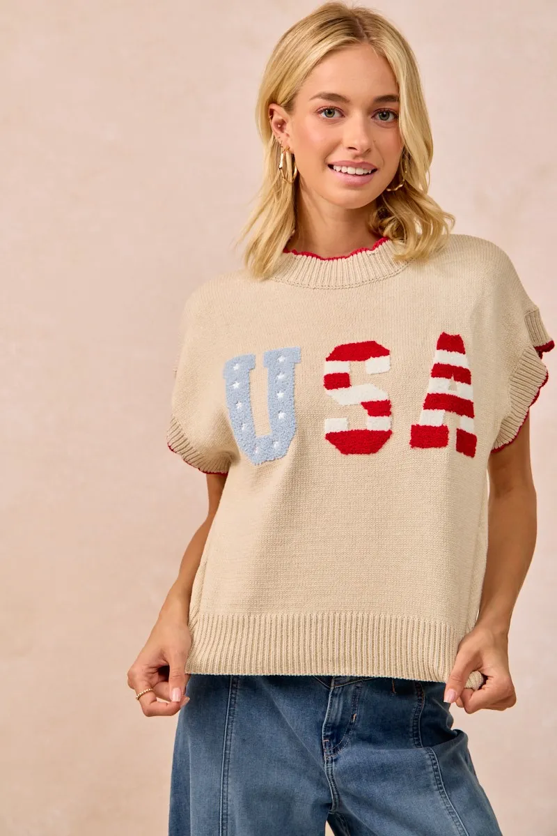 USA Patchwork Sweater Vest Top With Contrast Detail