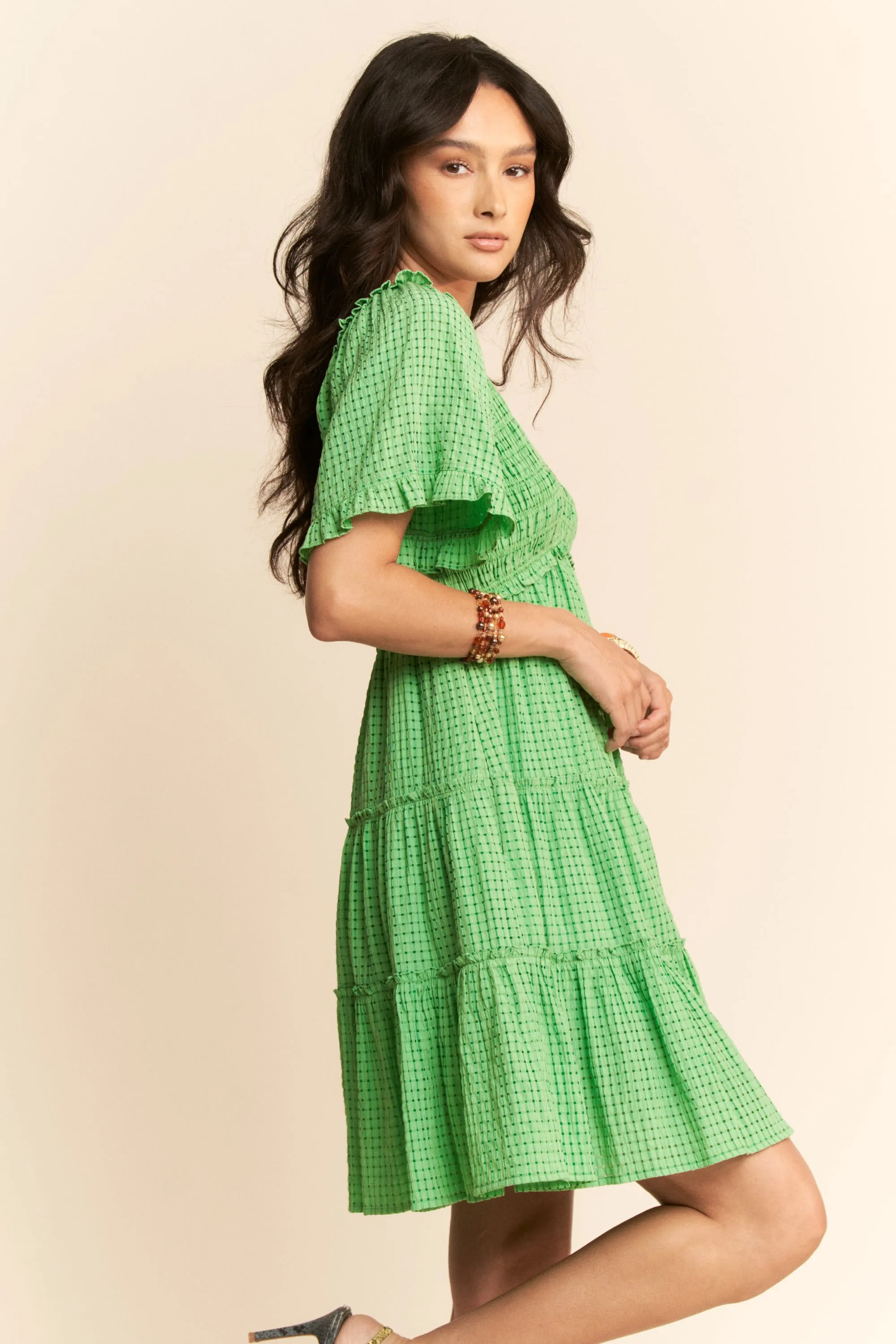 Jacquard Checker Smocking Tiered Dress