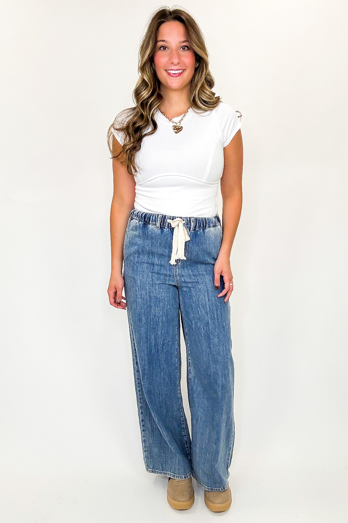 Luxe Leisure Drawstring Elastic Waist Denim Pants