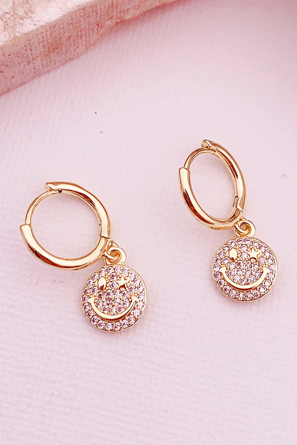 Gold Rhinestone Smiley Face Plated Hook Earrings